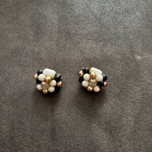Vintage Cluster Clip-On Earrings Black White Gold Beads Retro Costume Jewelry